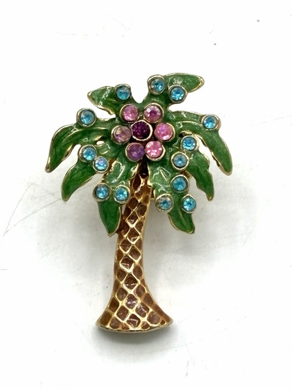Nina Ricci Vintage Enamel Palm Tree Brooch Rhinestone Pin 1.25”